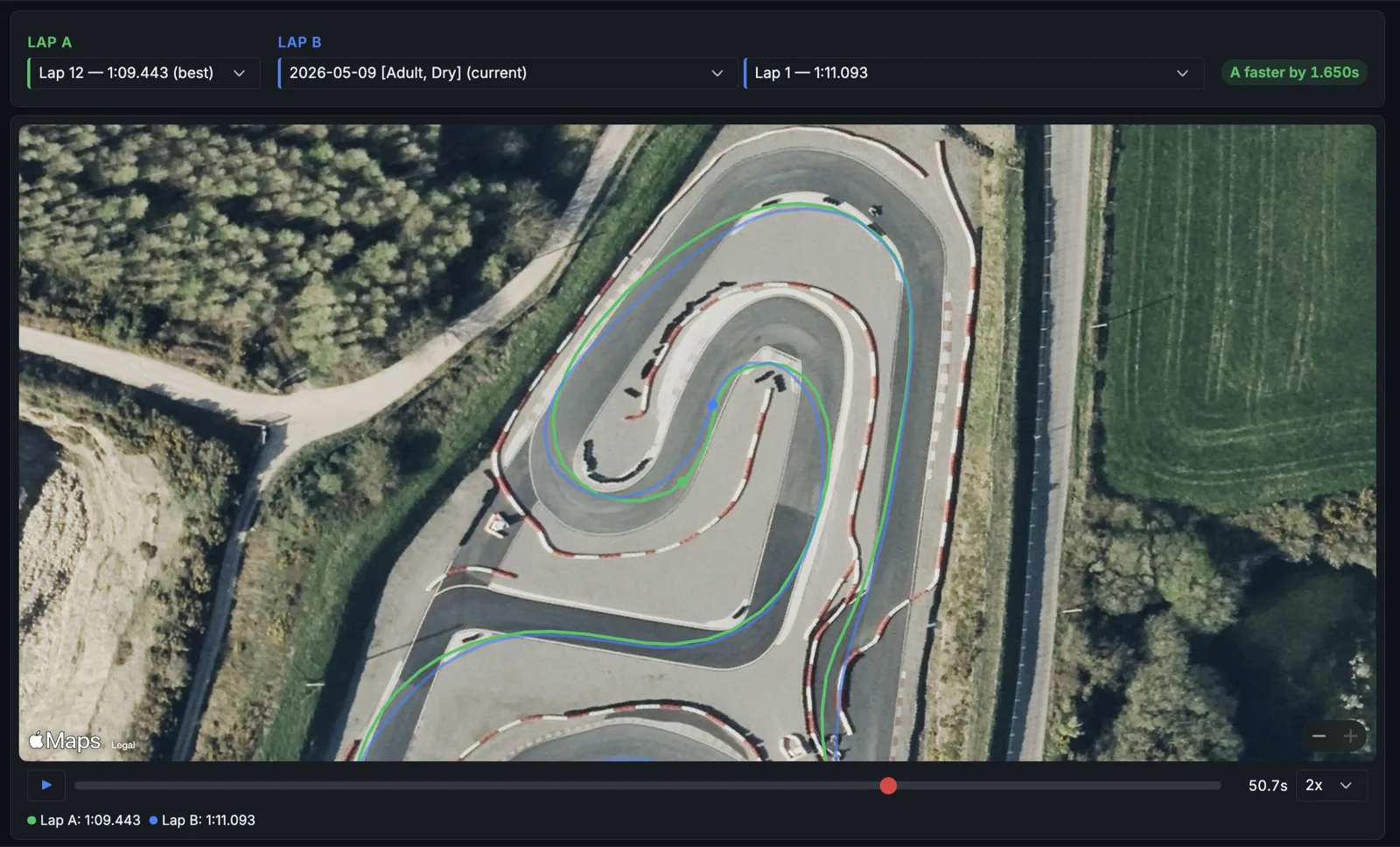 A/B raceline comparison on satellite map